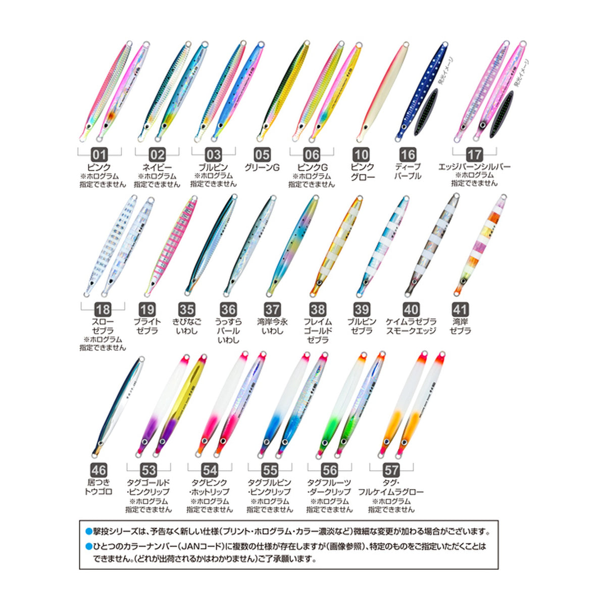 Owner Gekito Jig 125g colour range — official Owner product chart