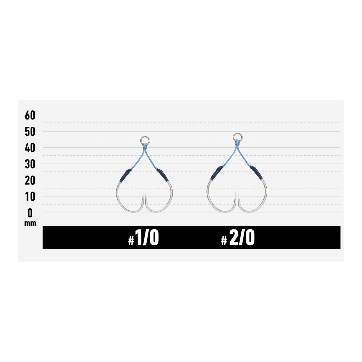 Vanfook FT-1.5 SPiNBULL Flex Twin Assist 1.5cm — official hook size chart (#1/0, #2/0)
